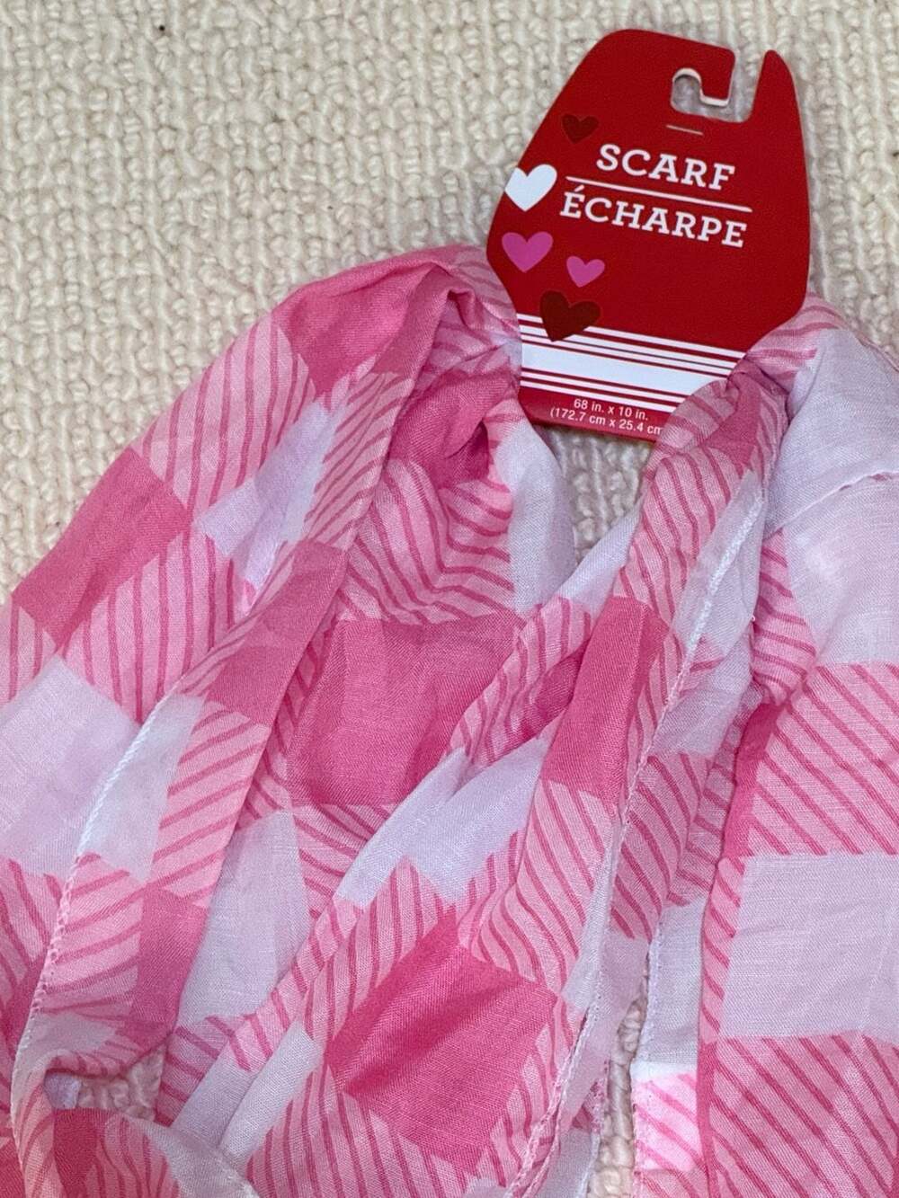 Pink and White Gingham Plaid Valentine's Day Scarf 68 in x 10 in